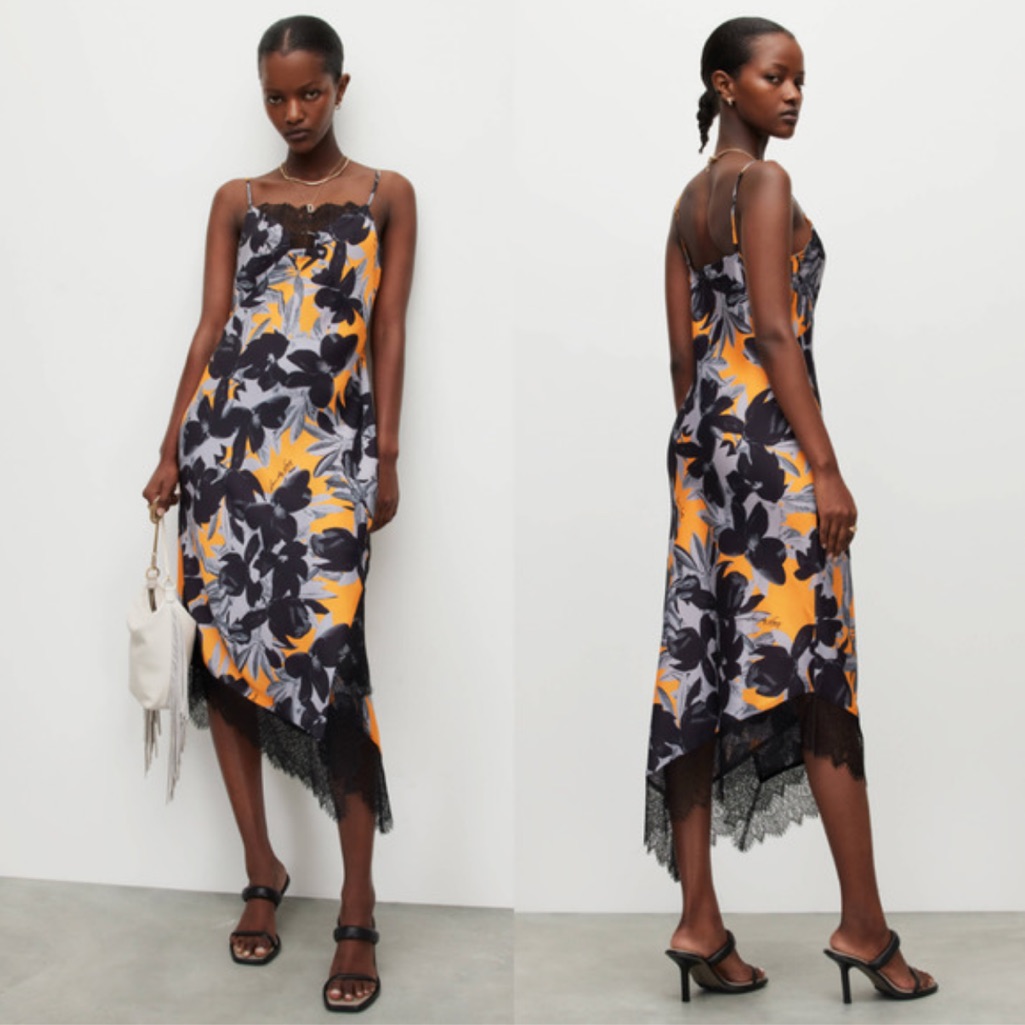 All Saints Neon Orange Black Lace Trim Floral Maxi Slip Dress